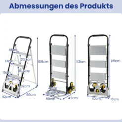 2-in-1 Klappkarre & Leiter Aluminium 3-Stufen Hocker mit rutschfesten Pedalen Schwerlast tragbarer Sackkarren Silber