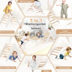 4 in 1 Kletterdreieck mit Rutsche & Kletterbogen & Doppelseitige Rampe Klettergerüst Natur/Bunt/Mehrfärbig/Grau/Weiß