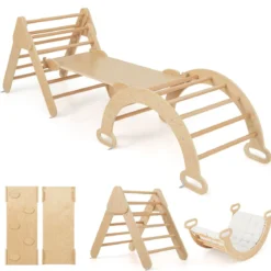 4 in 1 Kletterdreieck mit Rutsche & Kletterbogen & Doppelseitige Rampe Klettergerüst Natur/Bunt
