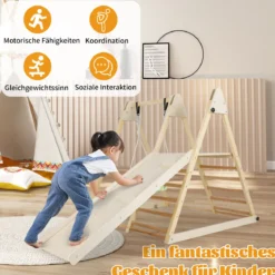 4 in 1 Klettergerüst mit Babyschaukel & Ruheplattform & Kletterrampe & Leiter Montessori Kletterset Natur