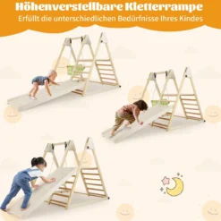 4 in 1 Klettergerüst mit Babyschaukel & Ruheplattform & Kletterrampe & Leiter Montessori Kletterset Natur