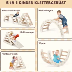 5 in 1 Klettergerüst mit Kletterbogen & Holzdreieck & Rutsche Kletterdreieck inkl. Doppelseitige Rampe