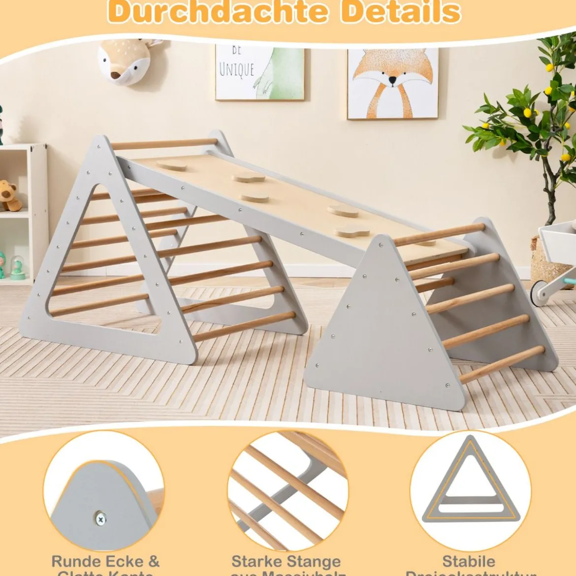 3 in 1 Kletterspielzeug-Set für Kleinkinder Kletterdreieck & Leiter & Rutsche Klettergerüst Grau