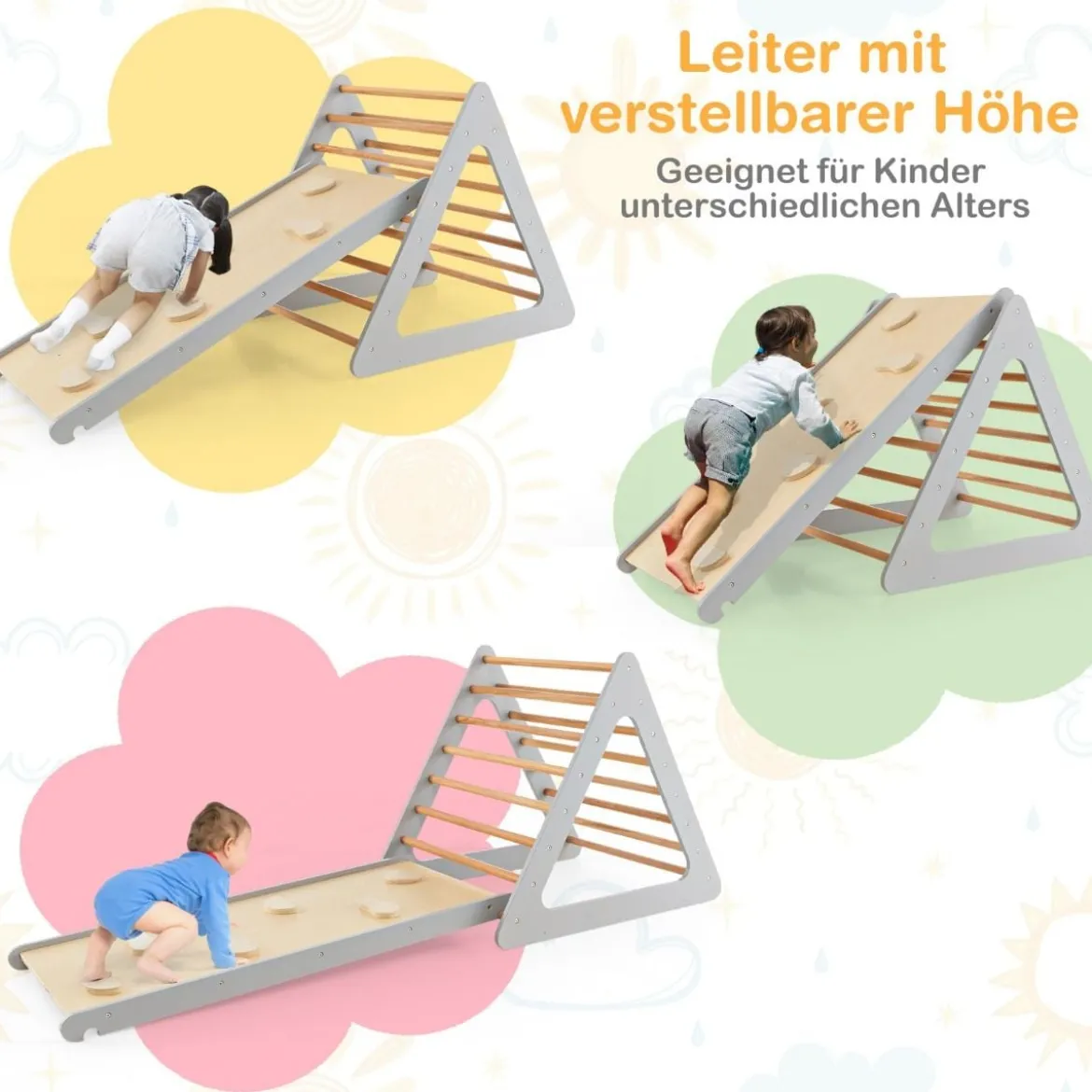 3 in 1 Kletterspielzeug-Set für Kleinkinder Kletterdreieck & Leiter & Rutsche Klettergerüst Grau