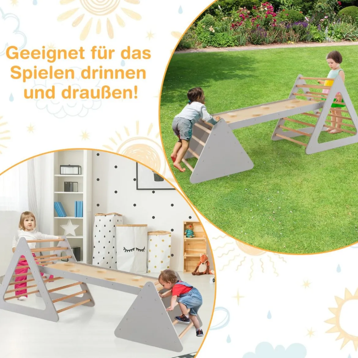3 in 1 Kletterspielzeug-Set für Kleinkinder Kletterdreieck & Leiter & Rutsche Klettergerüst Grau