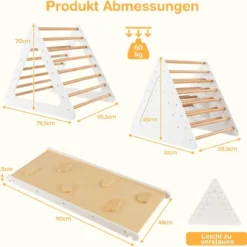 3 in 1 Kletterspielzeug-Set für Kleinkinder Kletterdreieck & Leiter & Rutsche Klettergerüst Natur