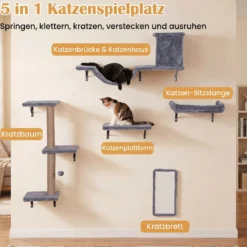 5 in 1 Kletterwand Katzen Set Stabiles Holz Katzen Wandelemente Katzenmöbel mit Hängekugel Grau