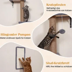 5 in 1 Kletterwand Katzen Set Stabiles Holz Katzen Wandelemente Katzenmöbel mit Hängekugel Grau