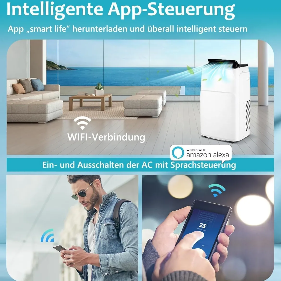 5 in 1 Klimaanlage mit Abluftschlauch 24H-Timer 14000BTU Mobiles Klimagerät für Raumgröße bis 30㎡