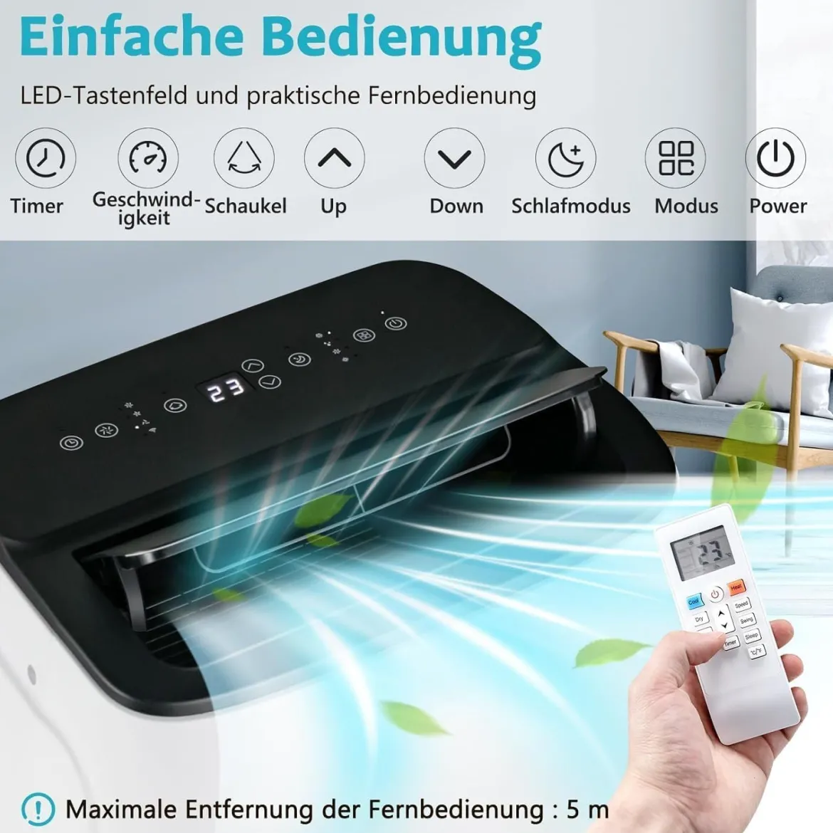 5 in 1 Klimaanlage mit Abluftschlauch 24H-Timer 14000BTU Mobiles Klimagerät für Raumgröße bis 30㎡