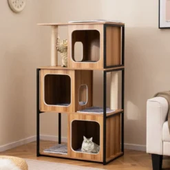 2 in 1 Kratzbaum Katzenhaus 3 Etagen Katzenbaum mit Abnehmbaren Kissens & Katzenhöhle