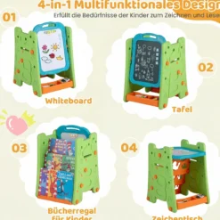 3 in 1 Kunststaffelei für Kinder mit Bücherregal Doppelseitige Kindertafel mit Kreidetafel