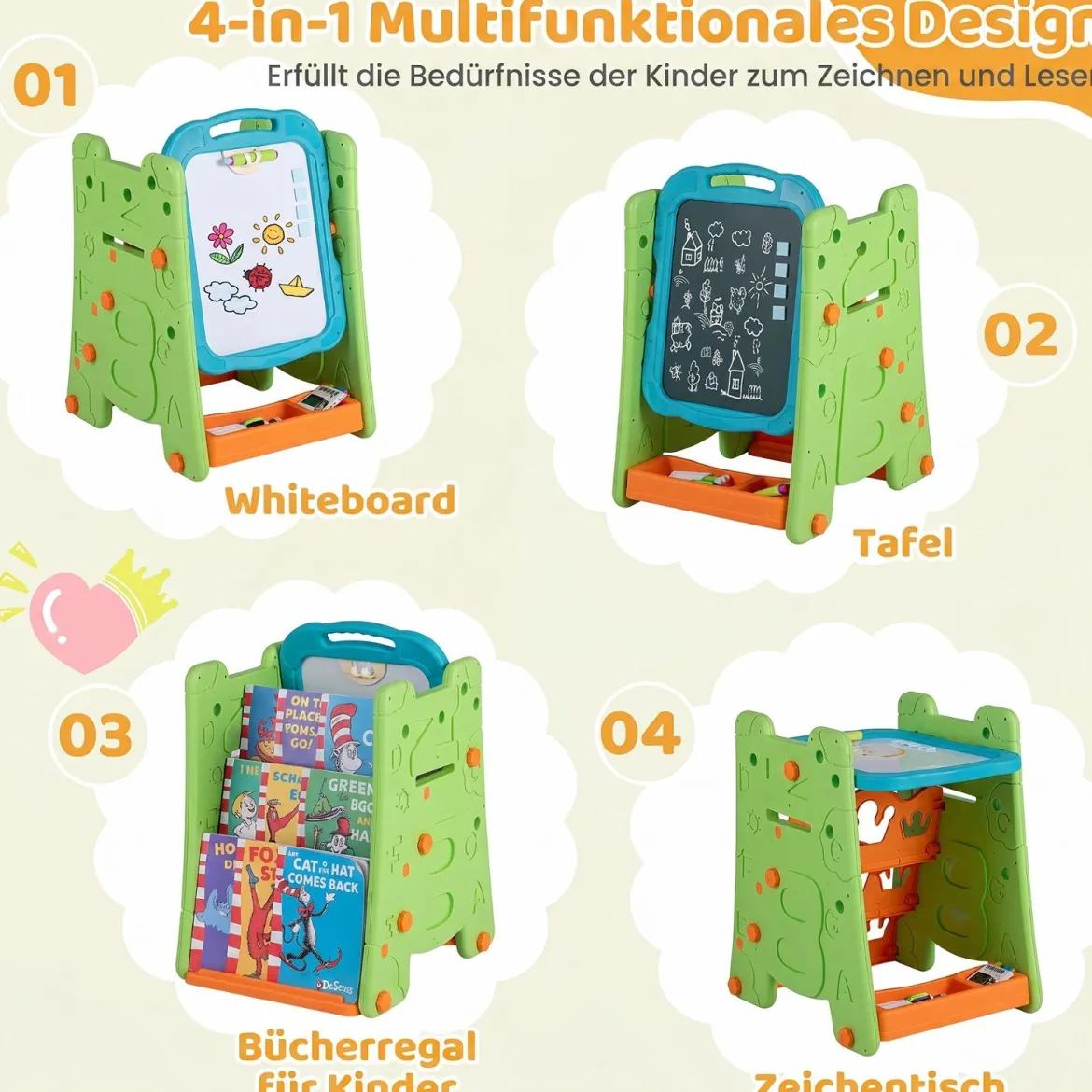 3 in 1 Kunststaffelei für Kinder mit Bücherregal Doppelseitige Kindertafel mit Kreidetafel