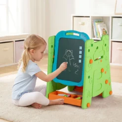 3 in 1 Kunststaffelei für Kinder mit Bücherregal Doppelseitige Kindertafel mit Kreidetafel