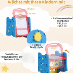3 in 1 Kunststaffelei für Kinder mit Bücherregal Doppelseitige Kindertafel mit Kreidetafel