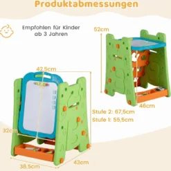 3 in 1 Kunststaffelei für Kinder mit Bücherregal Doppelseitige Kindertafel mit Kreidetafel