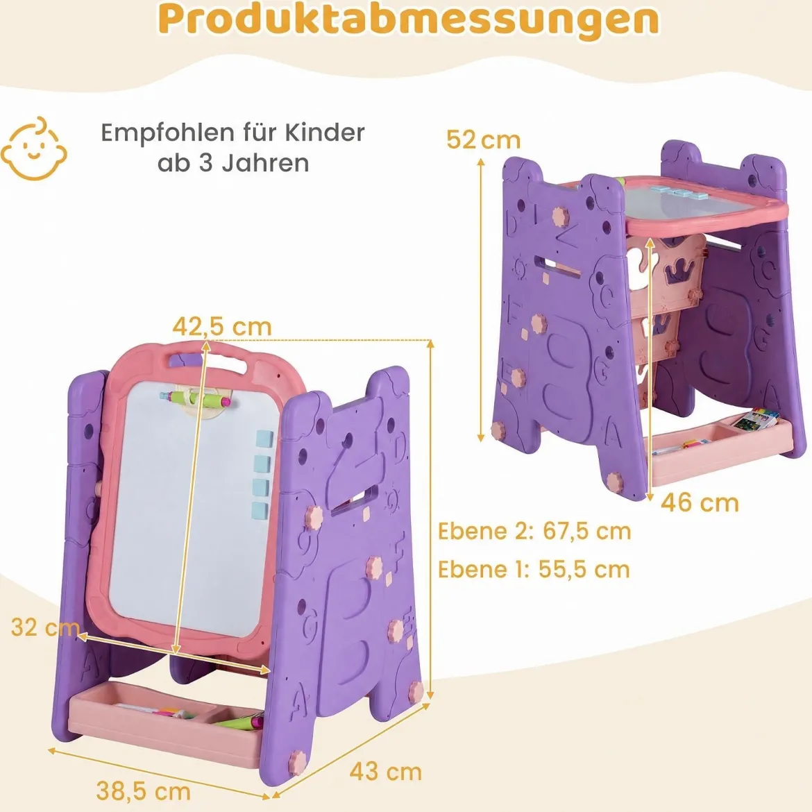 3 in 1 Kunststaffelei für Kinder mit Bücherregal Doppelseitige Kindertafel mit Kreidetafel
