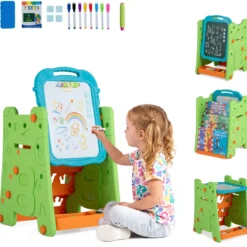 3 in 1 Kunststaffelei für Kinder mit Bücherregal Doppelseitige Kindertafel mit Kreidetafel