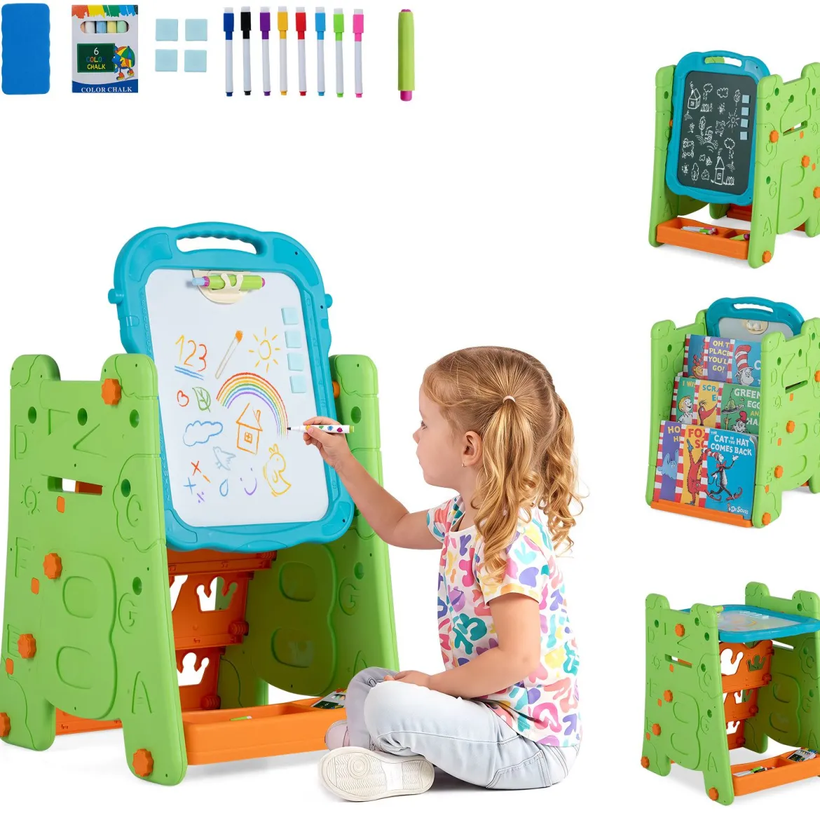 3 in 1 Kunststaffelei für Kinder mit Bücherregal Doppelseitige Kindertafel mit Kreidetafel