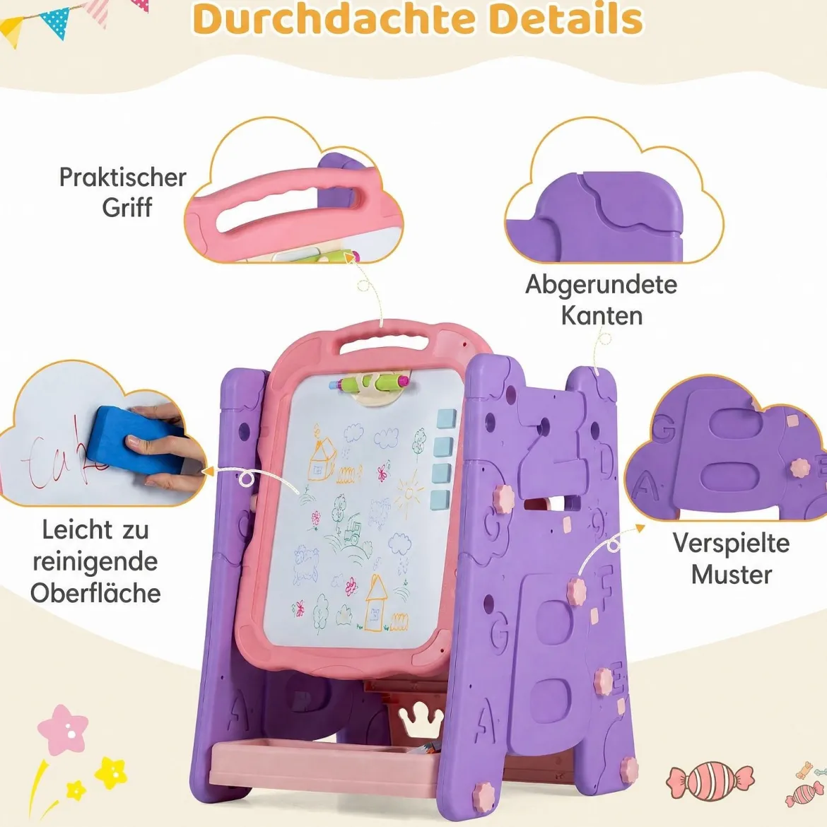 3 in 1 Kunststaffelei für Kinder mit Bücherregal Doppelseitige Kindertafel mit Kreidetafel