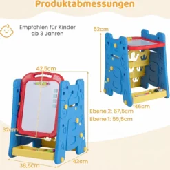 3 in 1 Kunststaffelei für Kinder mit Bücherregal Doppelseitige Kindertafel mit Kreidetafel