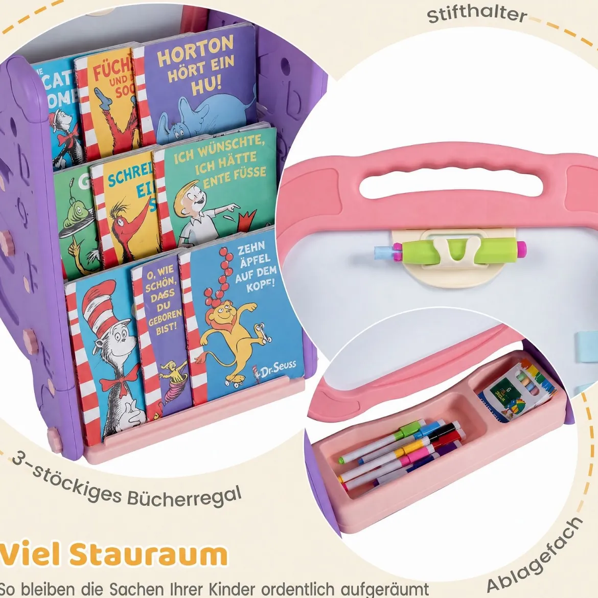 3 in 1 Kunststaffelei für Kinder mit Bücherregal Doppelseitige Kindertafel mit Kreidetafel