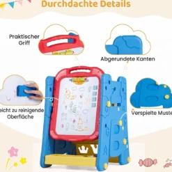 3 in 1 Kunststaffelei für Kinder mit Bücherregal Doppelseitige Kindertafel mit Kreidetafel
