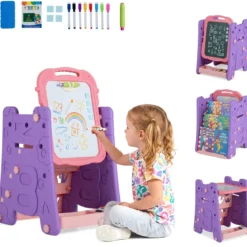 3 in 1 Kunststaffelei für Kinder mit Bücherregal Doppelseitige Kindertafel mit Kreidetafel
