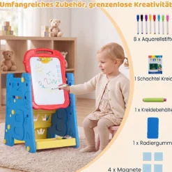 3 in 1 Kunststaffelei für Kinder mit Bücherregal Doppelseitige Kindertafel mit Kreidetafel