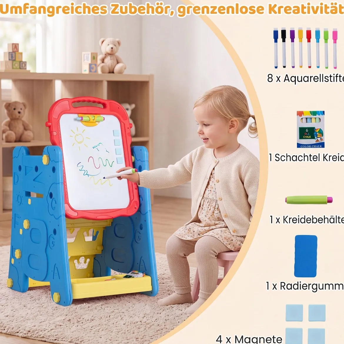 3 in 1 Kunststaffelei für Kinder mit Bücherregal Doppelseitige Kindertafel mit Kreidetafel