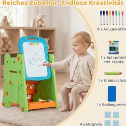 3 in 1 Kunststaffelei für Kinder mit Bücherregal Doppelseitige Kindertafel mit Kreidetafel