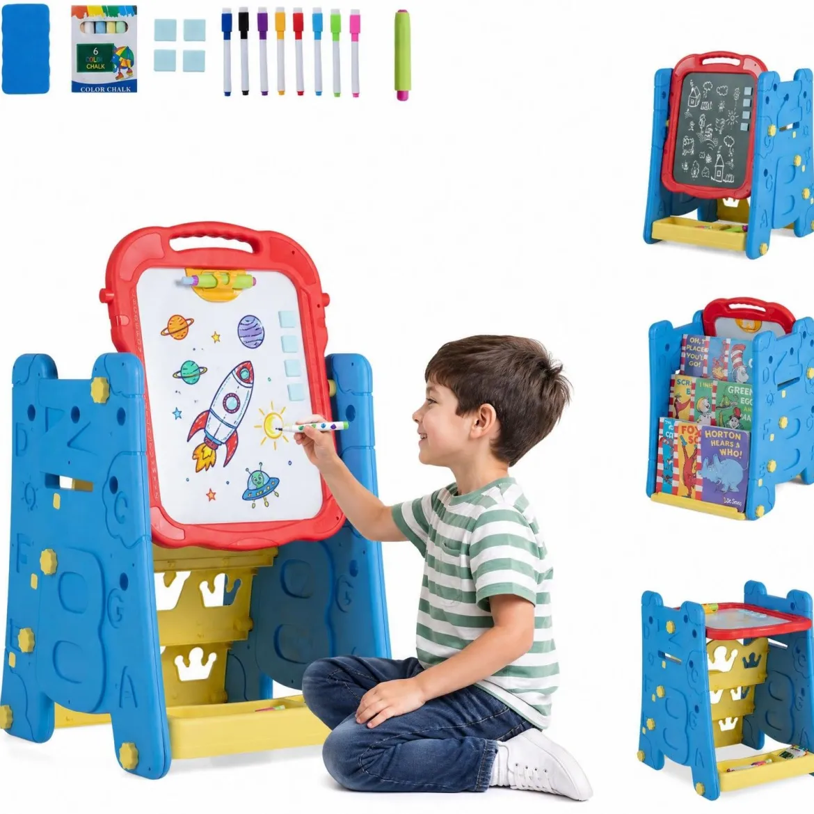 3 in 1 Kunststaffelei für Kinder mit Bücherregal Doppelseitige Kindertafel mit Kreidetafel