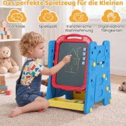 3 in 1 Kunststaffelei für Kinder mit Bücherregal Doppelseitige Kindertafel mit Kreidetafel