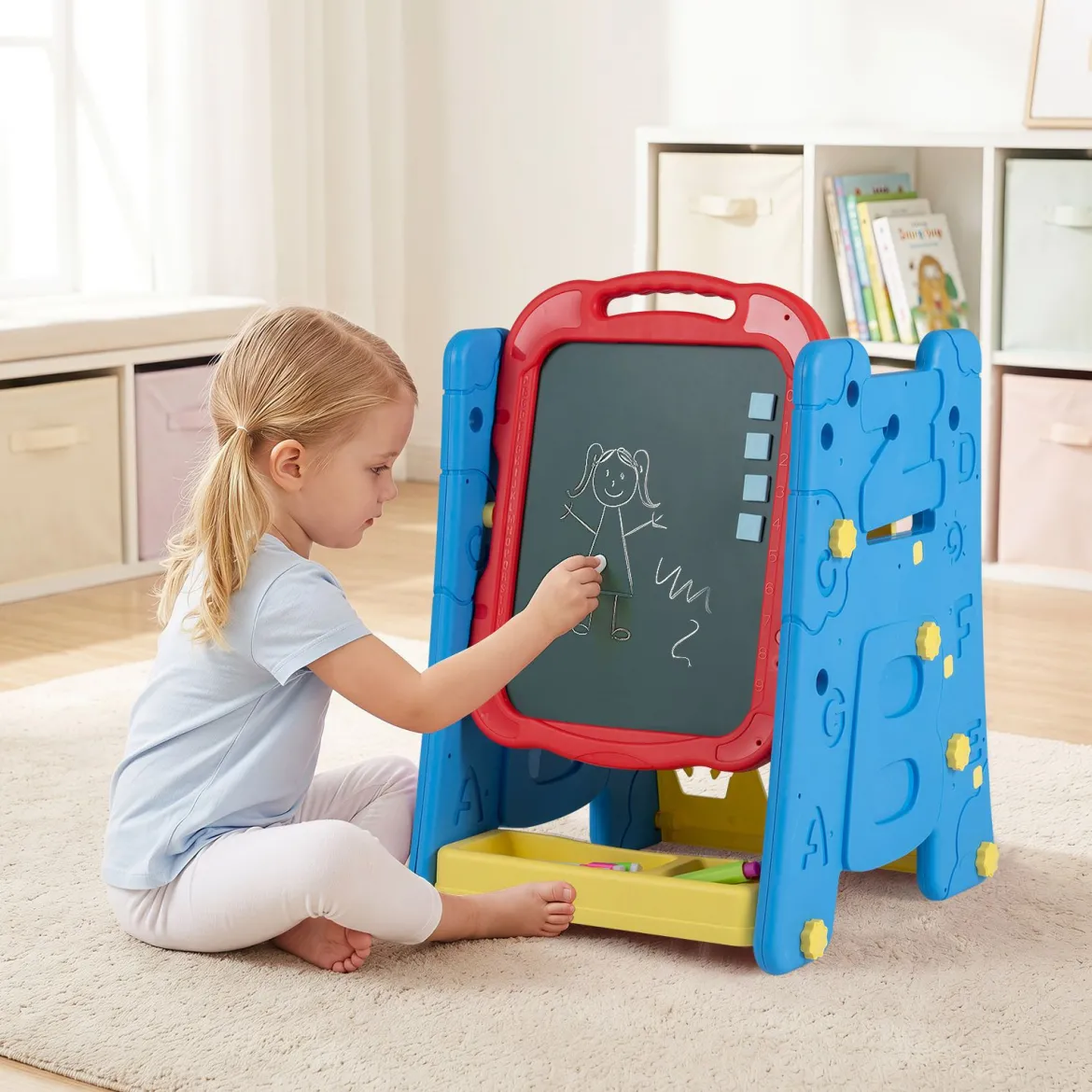 3 in 1 Kunststaffelei für Kinder mit Bücherregal Doppelseitige Kindertafel mit Kreidetafel