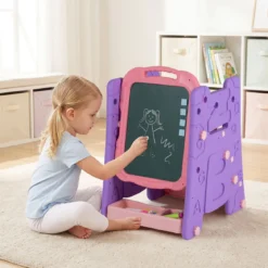 3 in 1 Kunststaffelei für Kinder mit Bücherregal Doppelseitige Kindertafel mit Kreidetafel