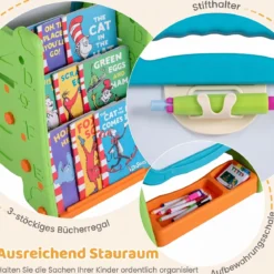 3 in 1 Kunststaffelei für Kinder mit Bücherregal Doppelseitige Kindertafel mit Kreidetafel