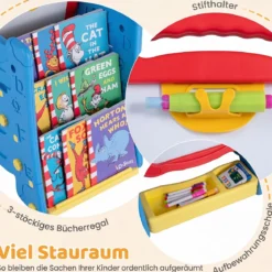 3 in 1 Kunststaffelei für Kinder mit Bücherregal Doppelseitige Kindertafel mit Kreidetafel