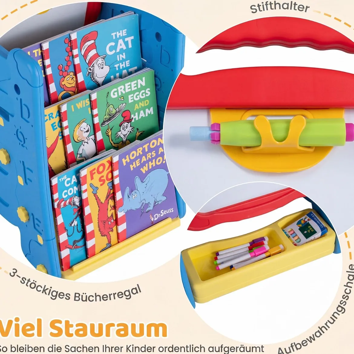 3 in 1 Kunststaffelei für Kinder mit Bücherregal Doppelseitige Kindertafel mit Kreidetafel