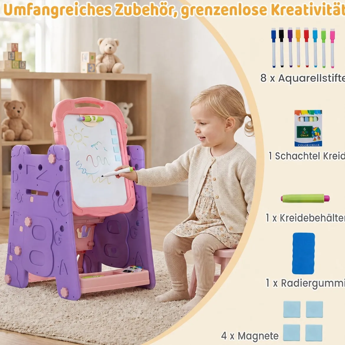 3 in 1 Kunststaffelei für Kinder mit Bücherregal Doppelseitige Kindertafel mit Kreidetafel