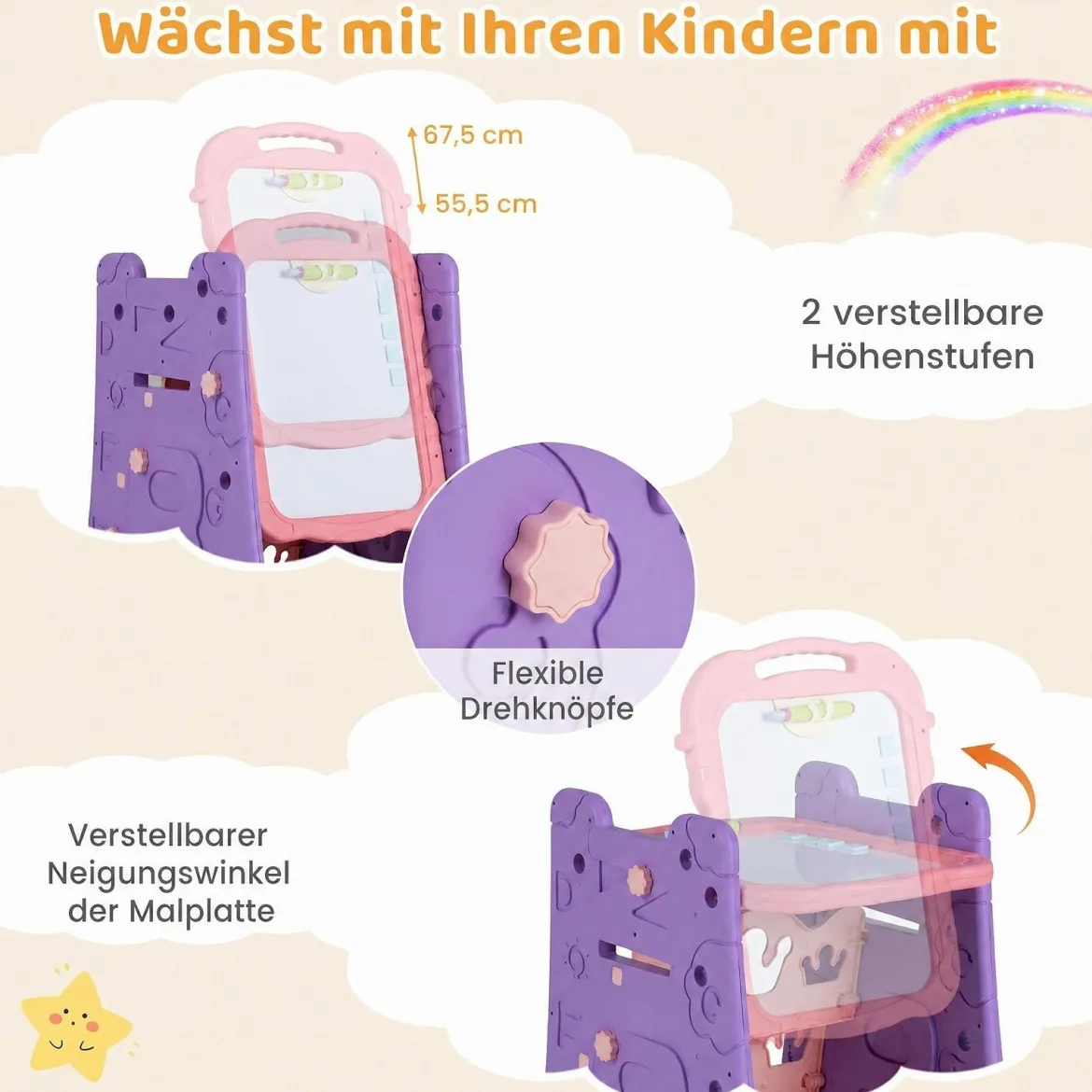 3 in 1 Kunststaffelei für Kinder mit Bücherregal Doppelseitige Kindertafel mit Kreidetafel