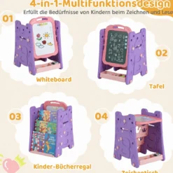3 in 1 Kunststaffelei für Kinder mit Bücherregal Doppelseitige Kindertafel mit Kreidetafel