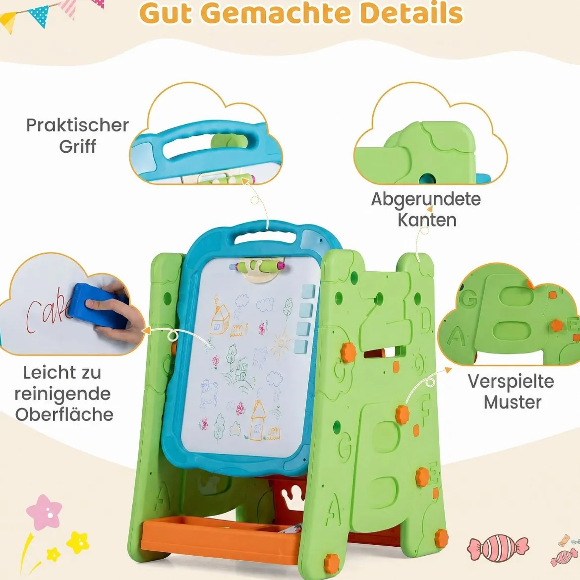 3 in 1 Kunststaffelei für Kinder mit Bücherregal Doppelseitige Kindertafel mit Kreidetafel