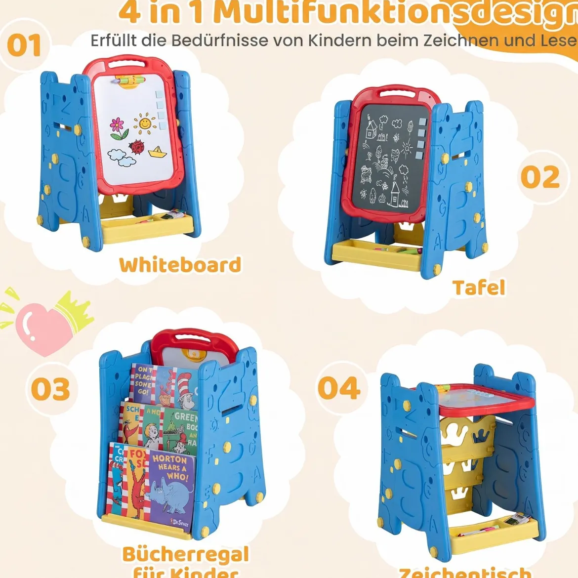 3 in 1 Kunststaffelei für Kinder mit Bücherregal Doppelseitige Kindertafel mit Kreidetafel