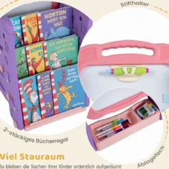 3 in 1 Kunststaffelei für Kinder mit Bücherregal Doppelseitige Kindertafel mit Kreidetafel