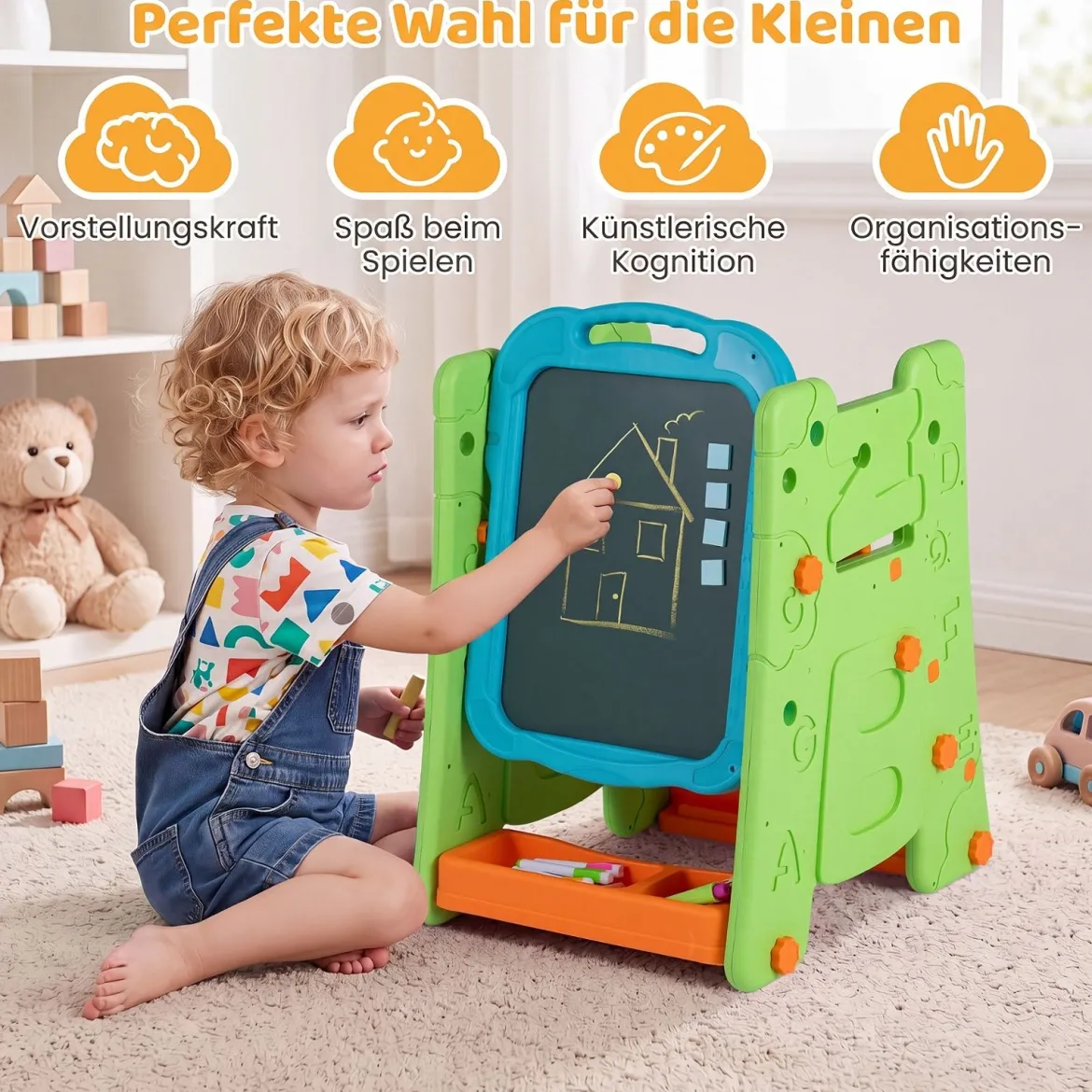 3 in 1 Kunststaffelei für Kinder mit Bücherregal Doppelseitige Kindertafel mit Kreidetafel