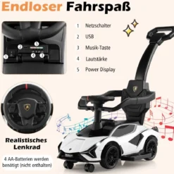 3-in-1 Lamborghini Rutschauto Schiebauto mit Scheinwerfern & Musik & Stauraum Weiß/Schwarz/Rosa