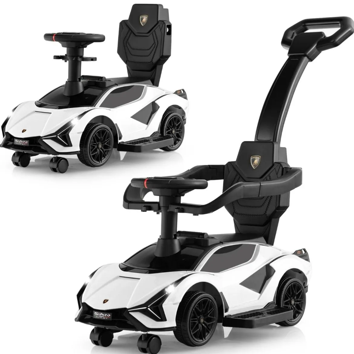 3-in-1 Lamborghini Rutschauto Schiebauto mit Scheinwerfern & Musik & Stauraum Weiß/Schwarz/Rosa