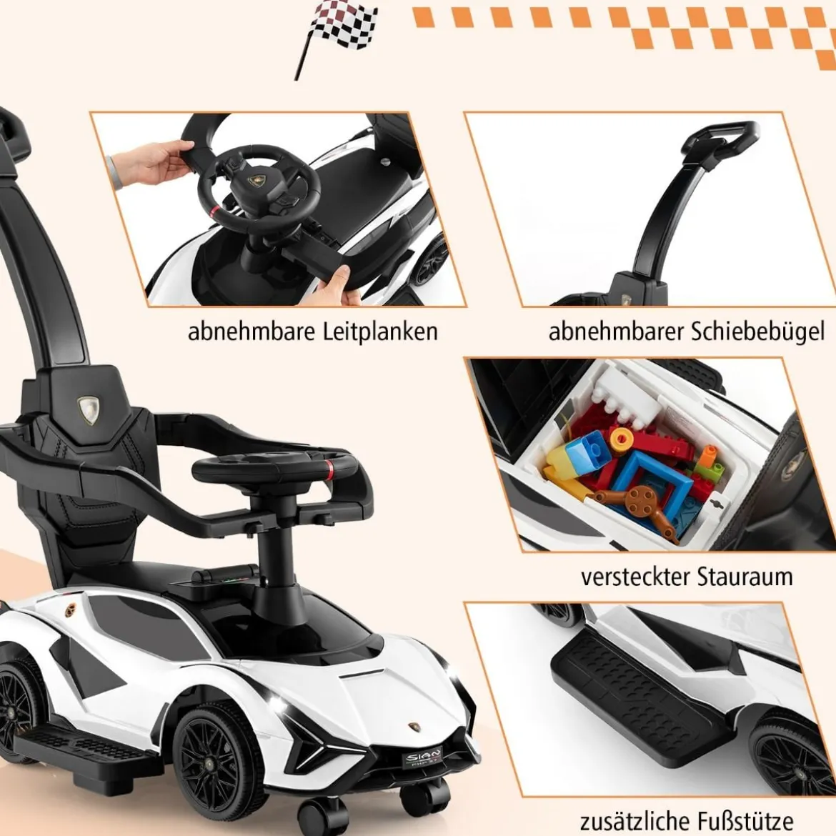 3-in-1 Lamborghini Rutschauto Schiebauto mit Scheinwerfern & Musik & Stauraum Weiß/Schwarz/Rosa