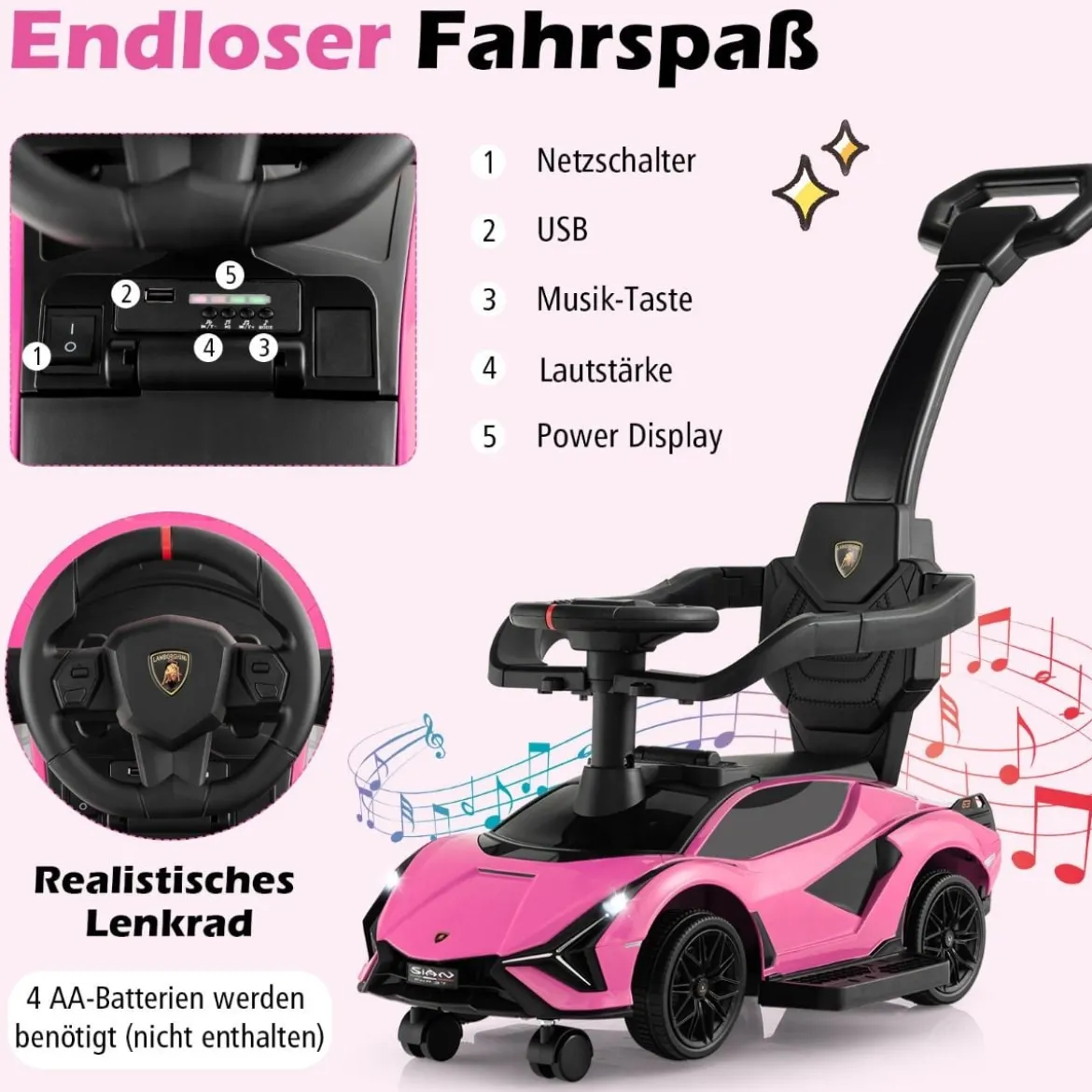 3-in-1 Lamborghini Rutschauto Schiebauto mit Scheinwerfern & Musik & Stauraum Weiß/Schwarz/Rosa