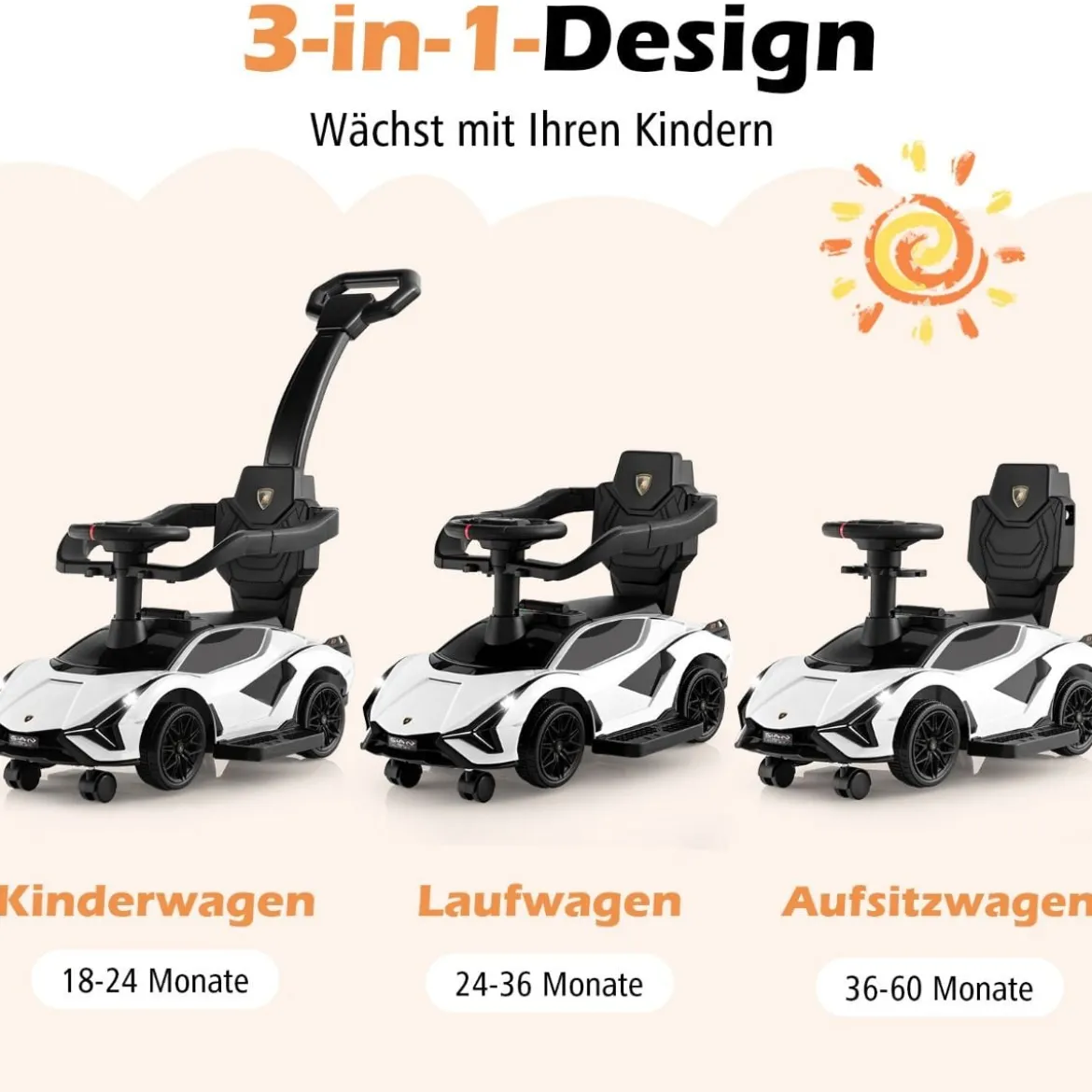 3-in-1 Lamborghini Rutschauto Schiebauto mit Scheinwerfern & Musik & Stauraum Weiß/Schwarz/Rosa